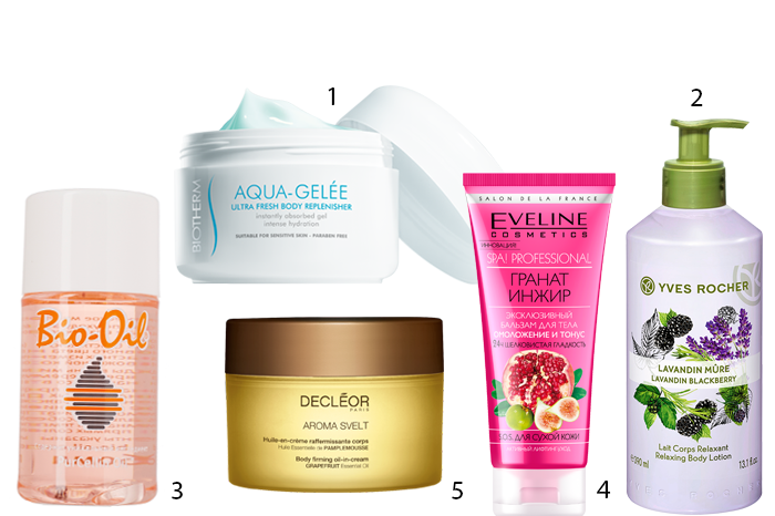 1. BIOTHERM. Aqua-Gelee; 2. YVES ROCHER. «Релаксация»; 3. Bio-Oil; 4. EVELINE COSMETICS. «Эксклюзивный бальзам для тела Гранат-Инжир»; 5. DECLÉOR. Aroma Svelt.